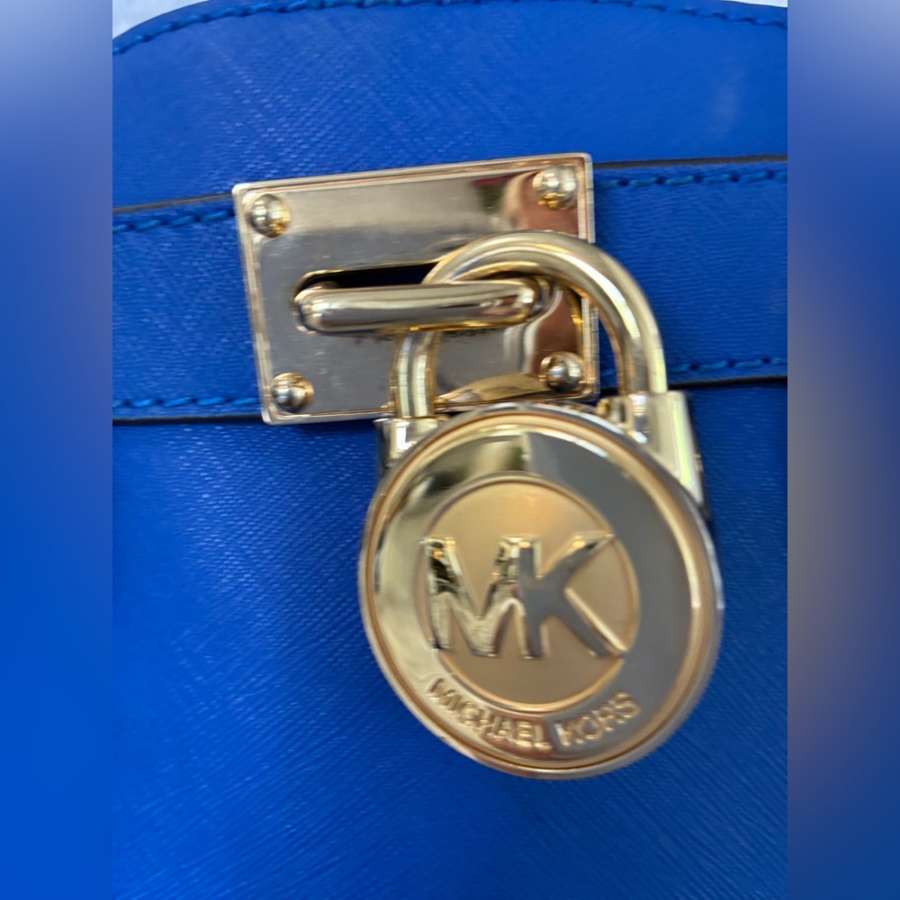 Michael Kors 3PC Blue Hamilton Satchel w/ Gold Accents, Wallet & MK Dust Bag EUC - Picture 4 of 12